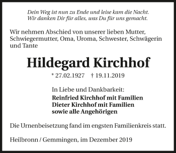 Traueranzeige von Hildegard Kirchhof Kirchhof 