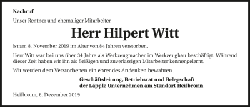 Traueranzeige von Hilpert Witt 