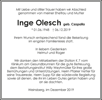 Traueranzeige von Inge Olesch 