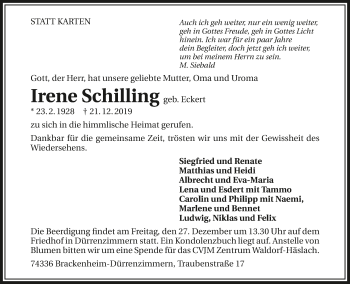 Traueranzeige von Irene Schilling 