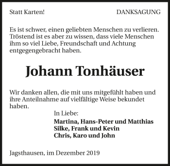 Traueranzeige von Johann Tonhäuser 