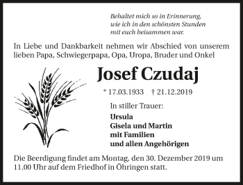 Traueranzeige von Josef Czudaj 