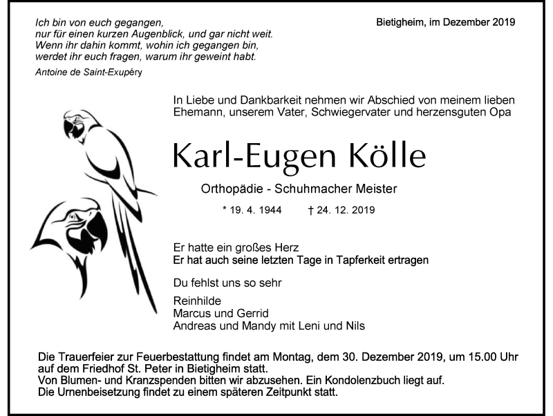  Traueranzeige für Karl-Eugen Kölle vom 28.12.2019 aus 