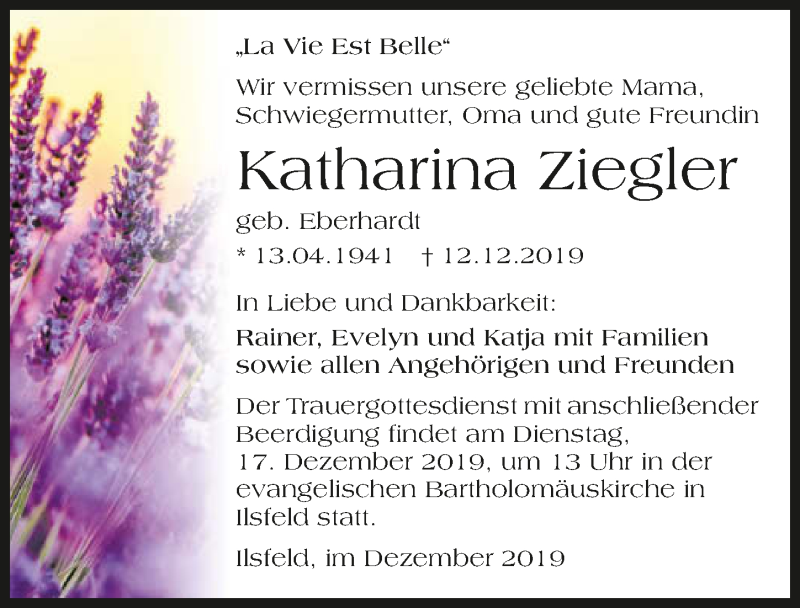  Traueranzeige für Katharina Ziegler vom 14.12.2019 aus 