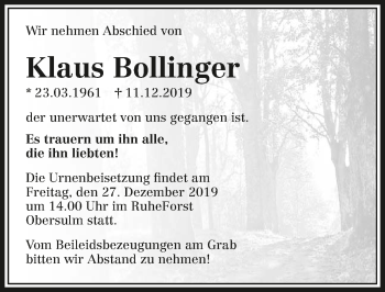 Traueranzeige von Klaus Bollinger 
