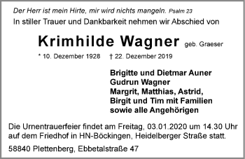 Traueranzeige von Krimhilde Wagner 