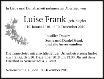 Traueranzeige von Luise Frank 