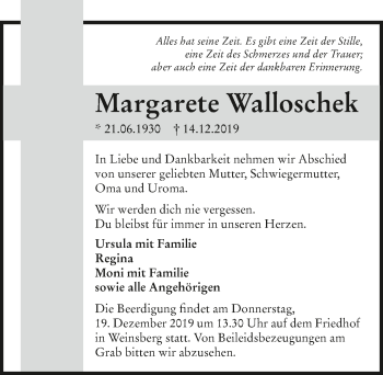 Traueranzeige von Margarete Walloschek 