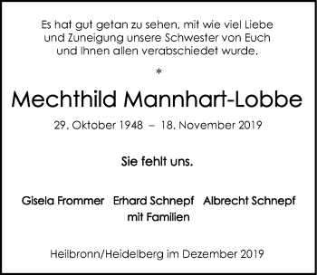 Traueranzeige von Mechthild Mannhart-Lobbe 