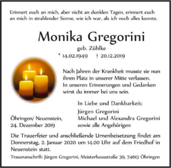 Traueranzeige von Monika Gregorini 