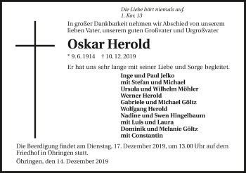 Traueranzeige von Oskar Herold 