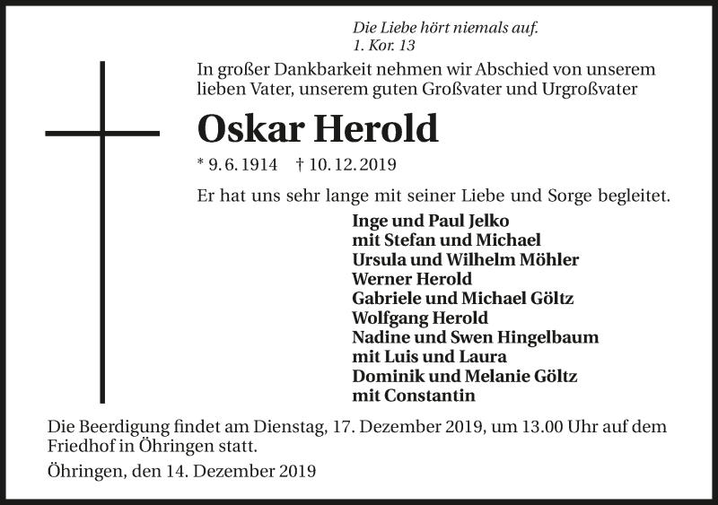  Traueranzeige für Oskar Herold vom 14.12.2019 aus 