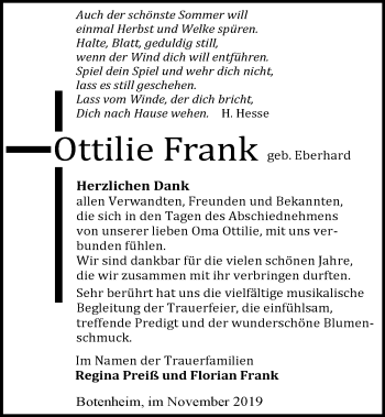 Traueranzeige von Ottilie Frank 