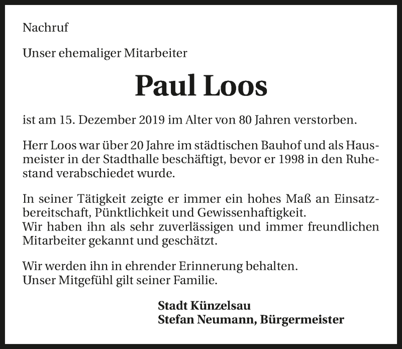  Traueranzeige für Paul Loos vom 21.12.2019 aus 