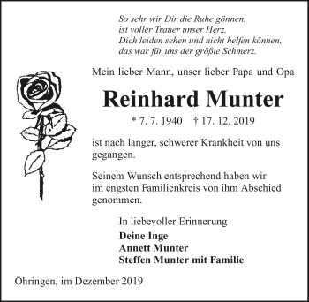 Traueranzeige von Reinhard Munter 