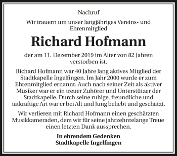 Traueranzeige von Richard Hofmann 