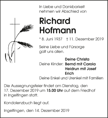 Traueranzeige von Richard Hofmann 