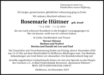 Traueranzeige von Rosemarie Hüttner 