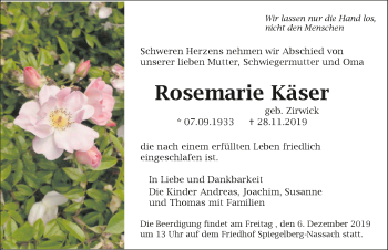 Traueranzeige von Rosemarie Käser 