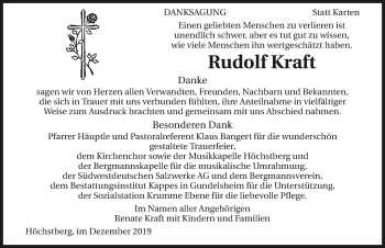 Traueranzeige von Rudolf Kraft 