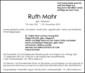 Traueranzeige von Ruth Mohr 