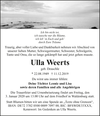 Traueranzeige von Ulla Weerts 