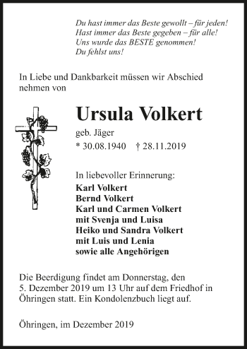 Traueranzeige von Ursula Volkert 