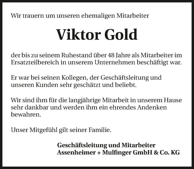  Traueranzeige für Viktor Gold vom 14.12.2019 aus 