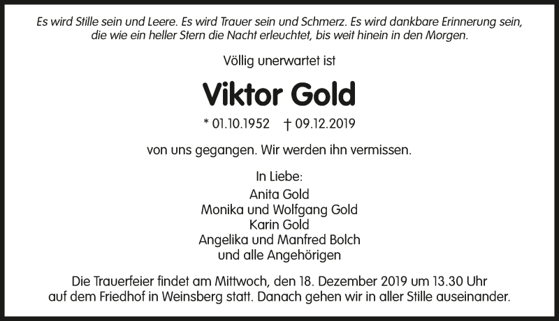  Traueranzeige für Viktor Gold vom 14.12.2019 aus 