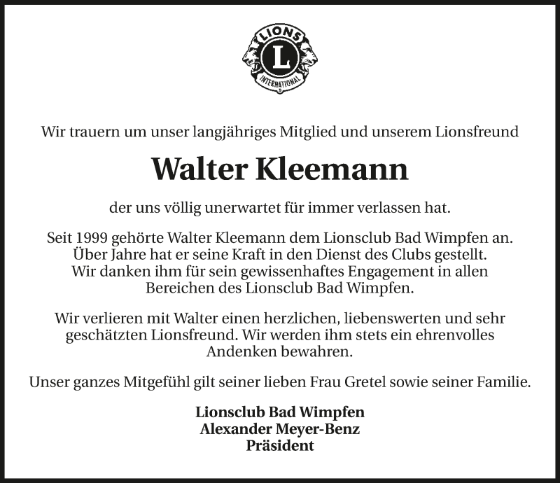  Traueranzeige für Walter Kleemann vom 18.12.2019 aus 