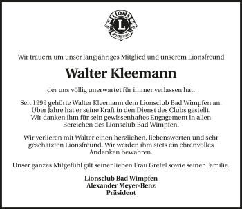 Traueranzeige von Walter Kleemann 