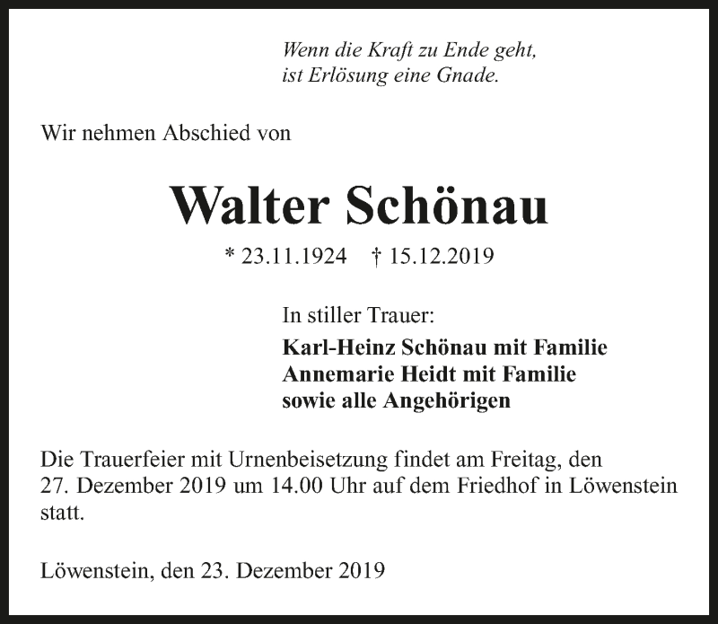 Traueranzeige für Walter Schönau vom 23.12.2019 aus 