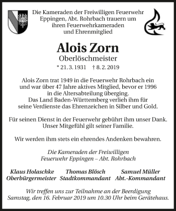 Traueranzeige von Alois Zorn 