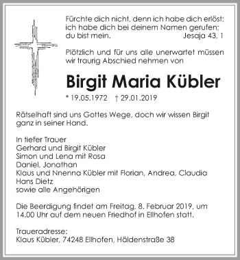 Traueranzeige von Birgit Maria Kübler 