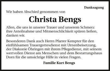 Traueranzeige von Christa Bengs 