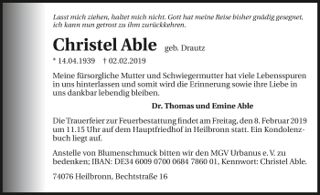 Traueranzeige von Christel Able 