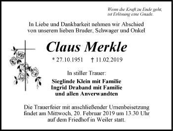 Traueranzeige von Claus Merkle 