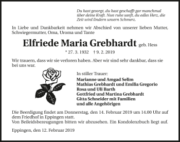 Traueranzeige von Elfriede Maria Grebhardt 