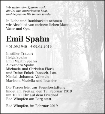 Traueranzeige von Emil Spahn 