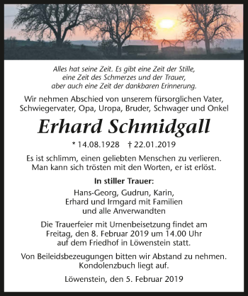 Traueranzeige von Erhard Schmidgall 