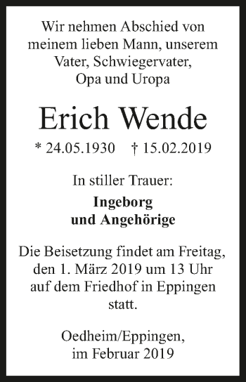 Traueranzeige von Erich Wende 