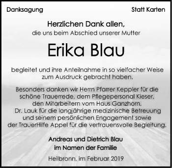 Traueranzeige von Erika Blau 