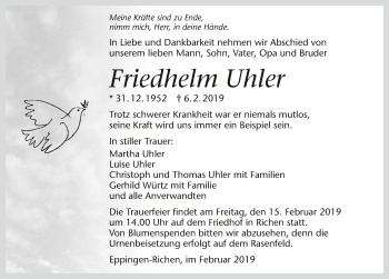 Traueranzeige von Friedhelm Uhler 