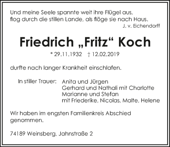 Traueranzeige von Friedrich Koch 