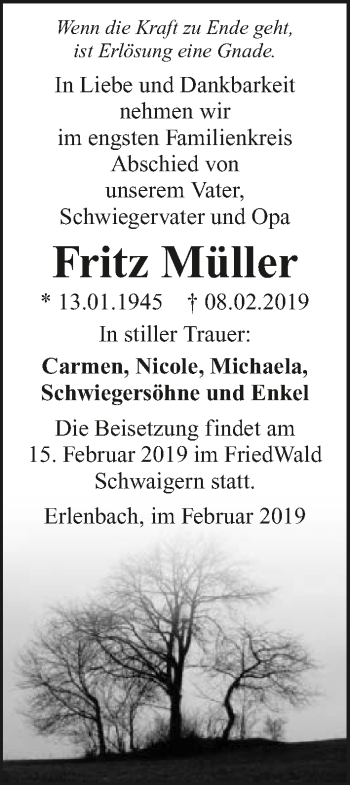 Traueranzeige von Fritz Müller 