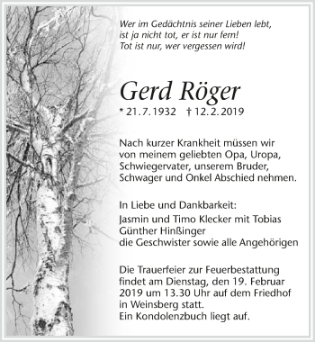 Traueranzeige von Gerd Röger 