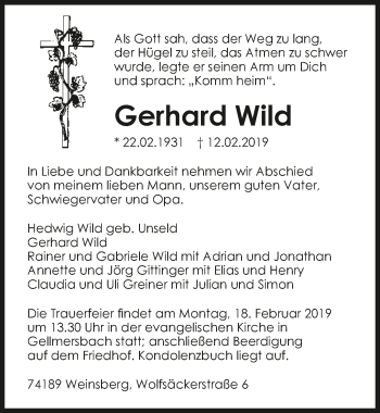 Traueranzeige von Gerhard Wild 