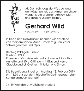 Traueranzeige von Gerhard Wild 