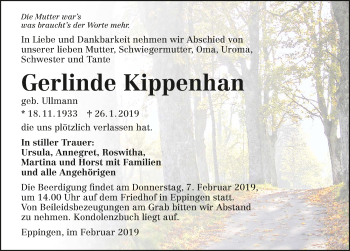 Traueranzeige von Gerlinde Kippenhan 