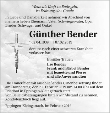 Traueranzeige von Günther Bender 